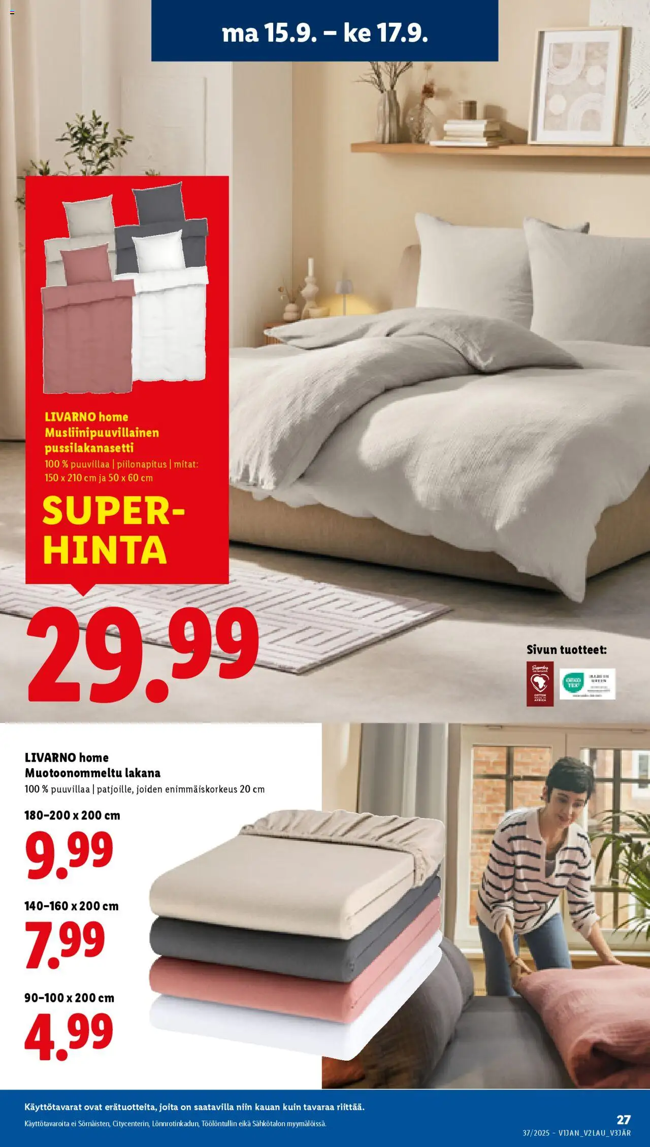 Lidl tarjoukset - Rovaniemi – voimassa 11.09.2025 alkaen | Sivu: 31 | Tuotteet: Pussilakanasetti, Lakana