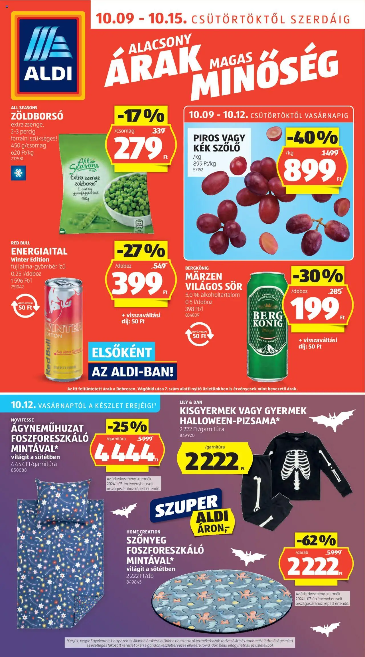 Aldi akciós ujság - amely érvényes a következő dátumtól: 09.10.2025 | Oldal: 1 | Termékek: Zöldborsó, Red bull, Ágyneműhuzat, Alma