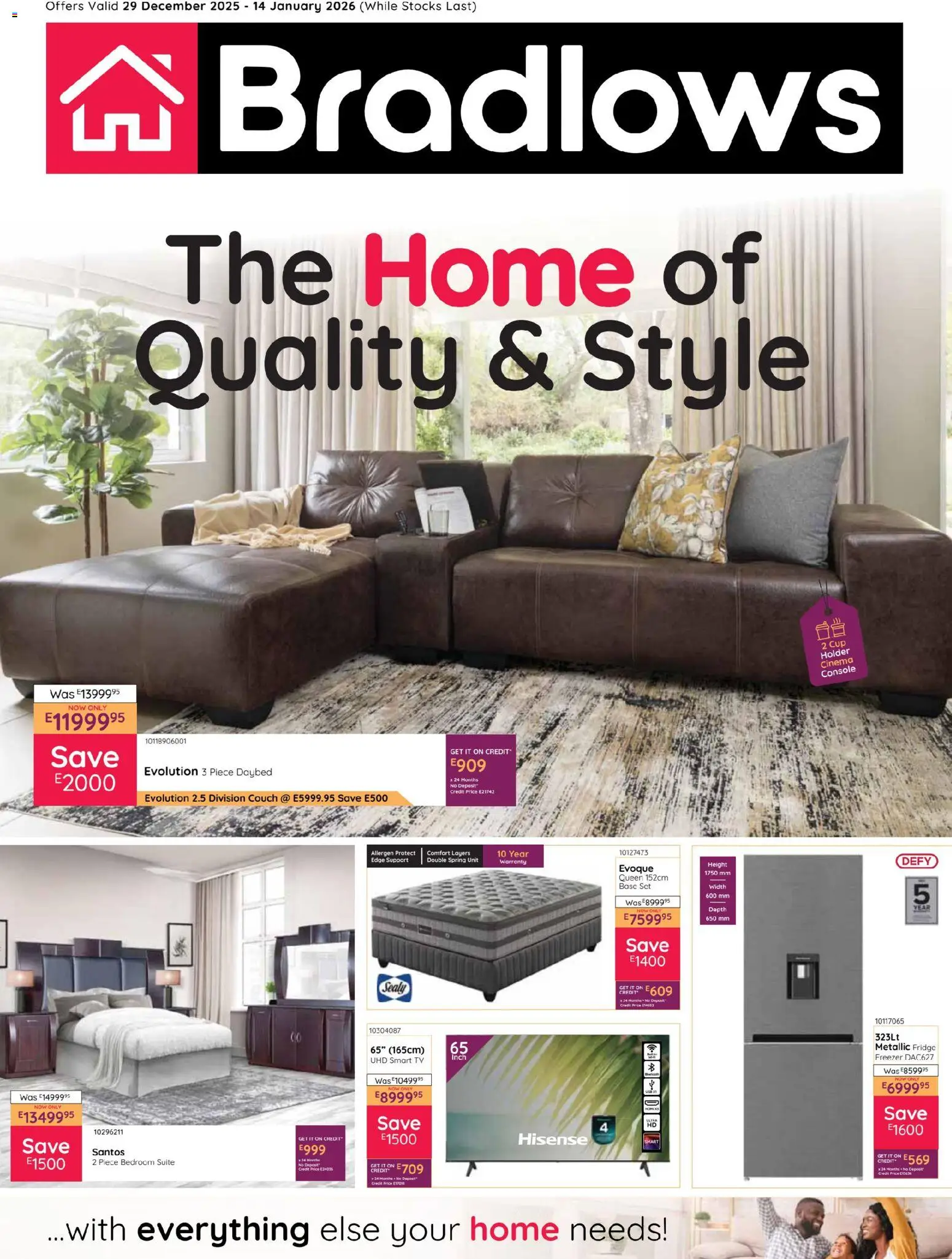 New Bradlows catalogue – valid from 29.12.2025 | Page: 1 | Products: Freezer, Couch, TV, Fridge
