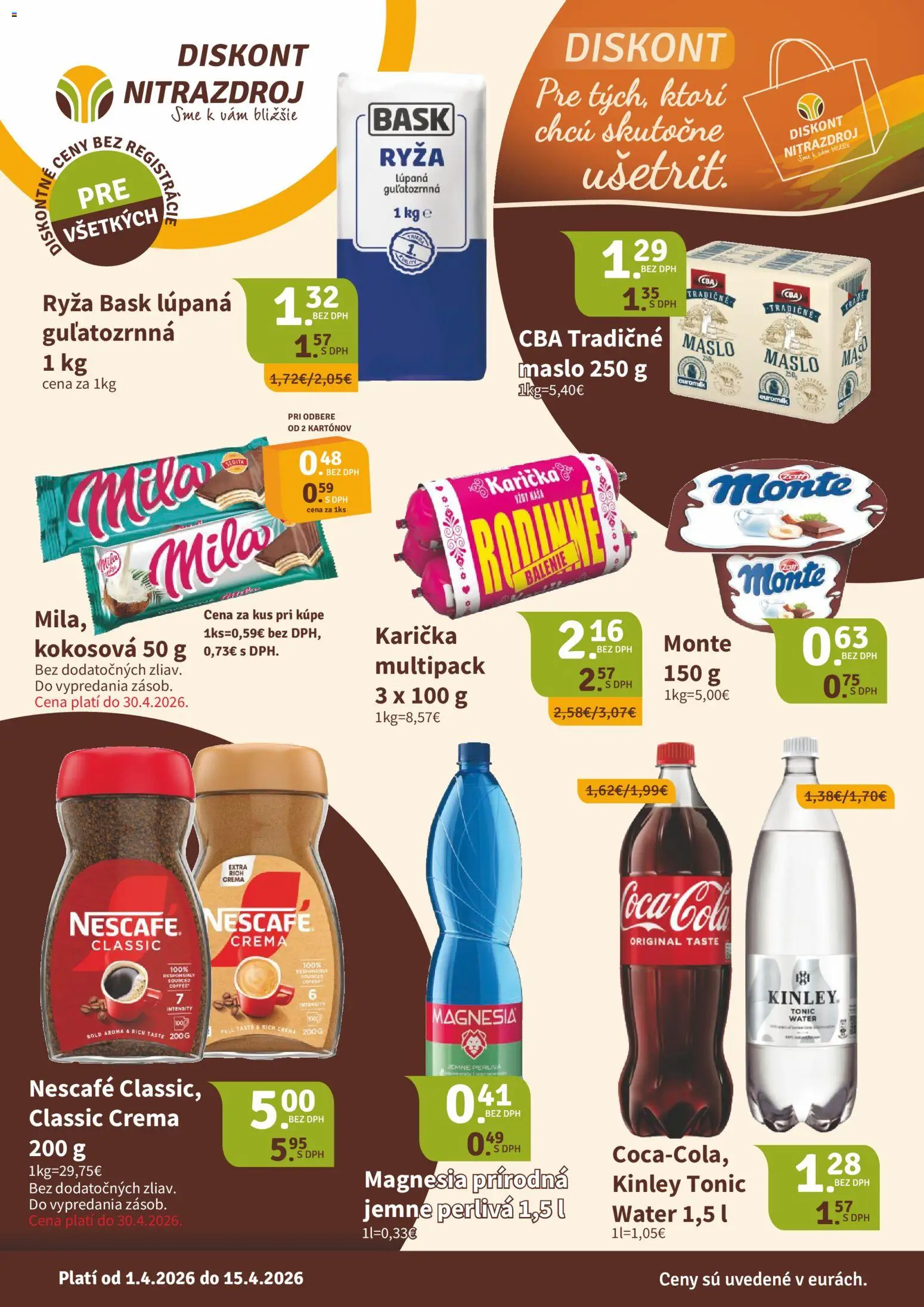 Nové Nitrazdroj akcie – leták je platný od 01.04.2026 | Strana: 1 | Produkty: Maslo, Ryža, Magnesia, Mila