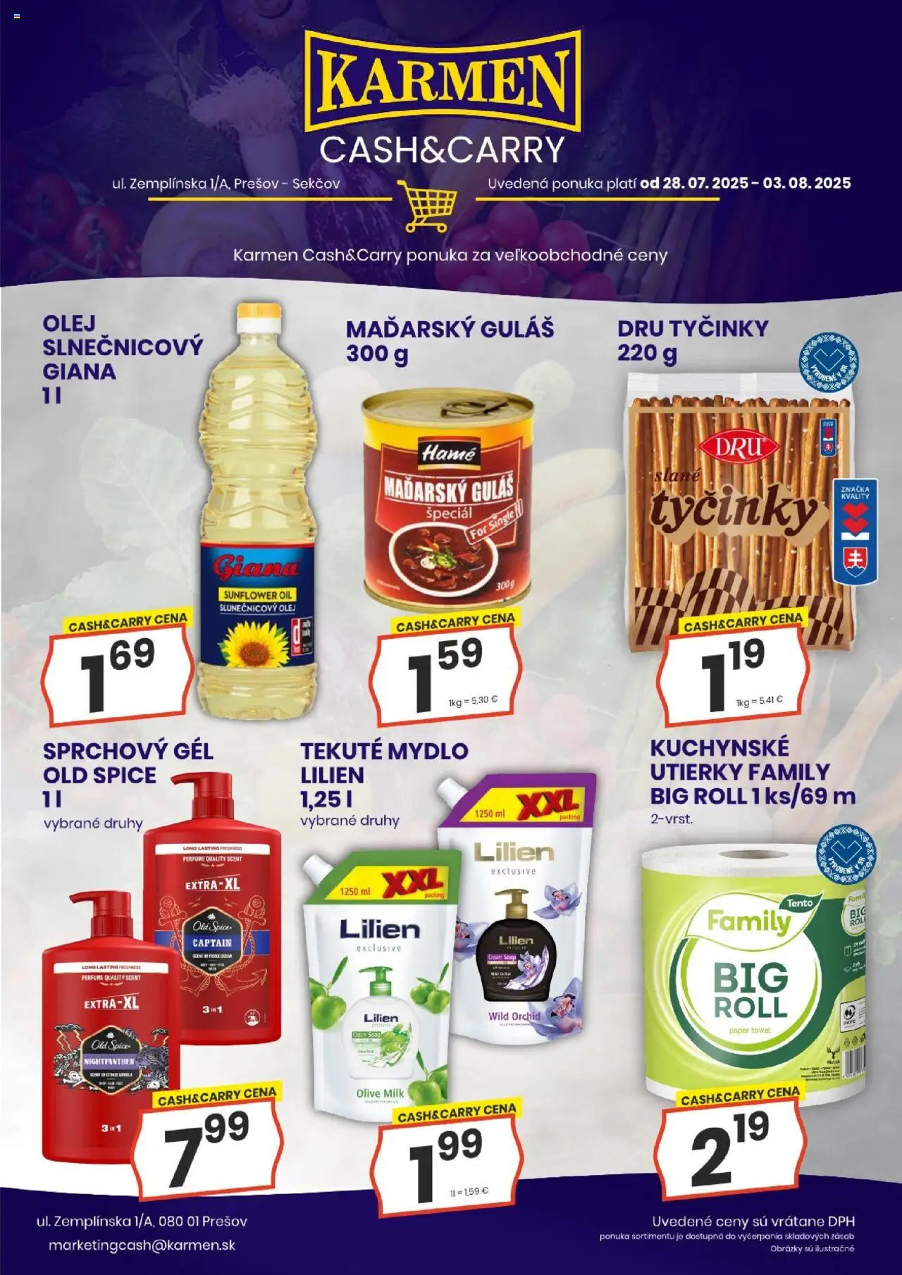 KARMEN CBA leták │ platný od 28.07.2025 | Strana: 2 | Produkty: Olej, Old Spice, Mydlo, Sprchový gél
