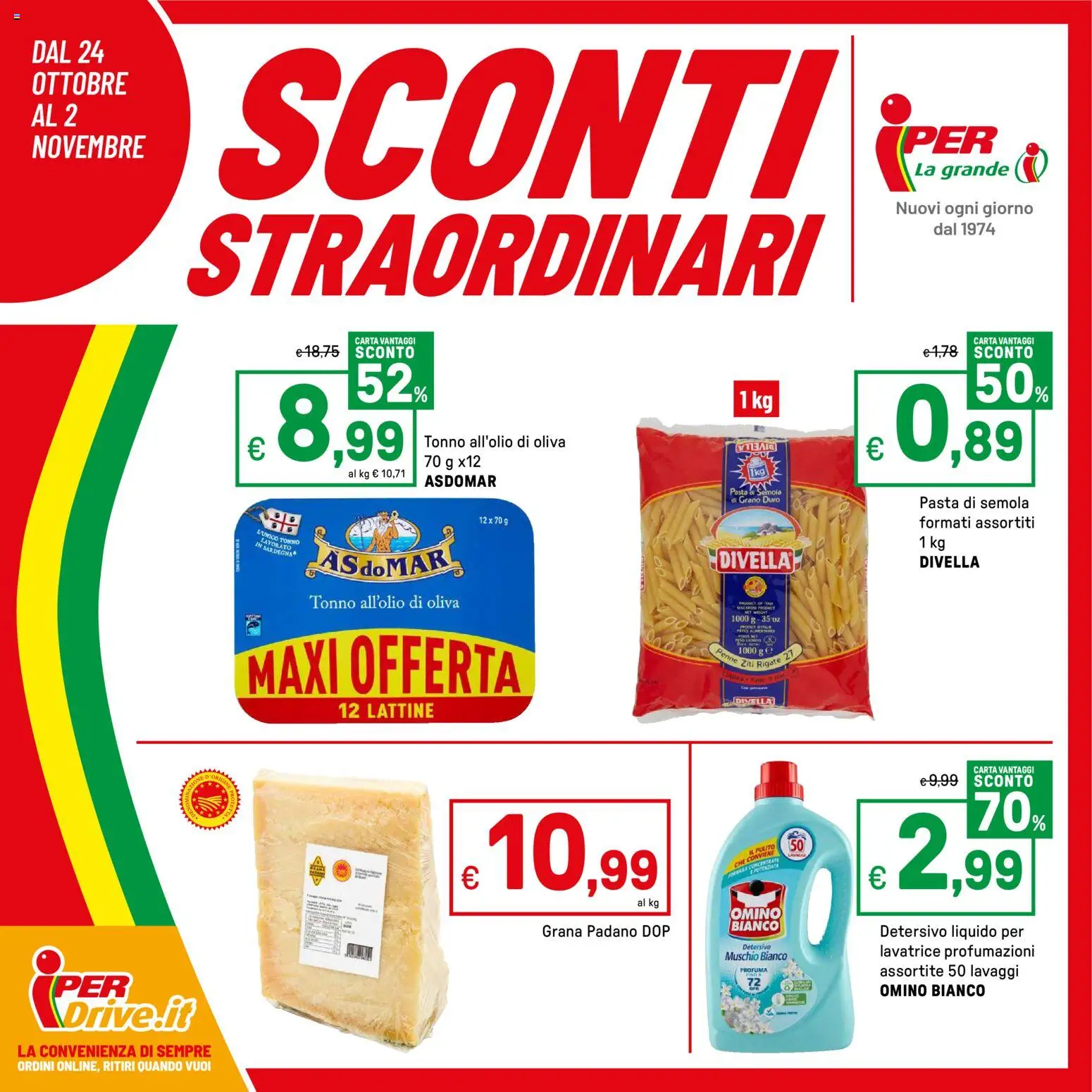 Volantino Iper del 24.10.2025 | Pagina: 1 | Prodotti: Pasta, Tonno, Grana Padano, Penne