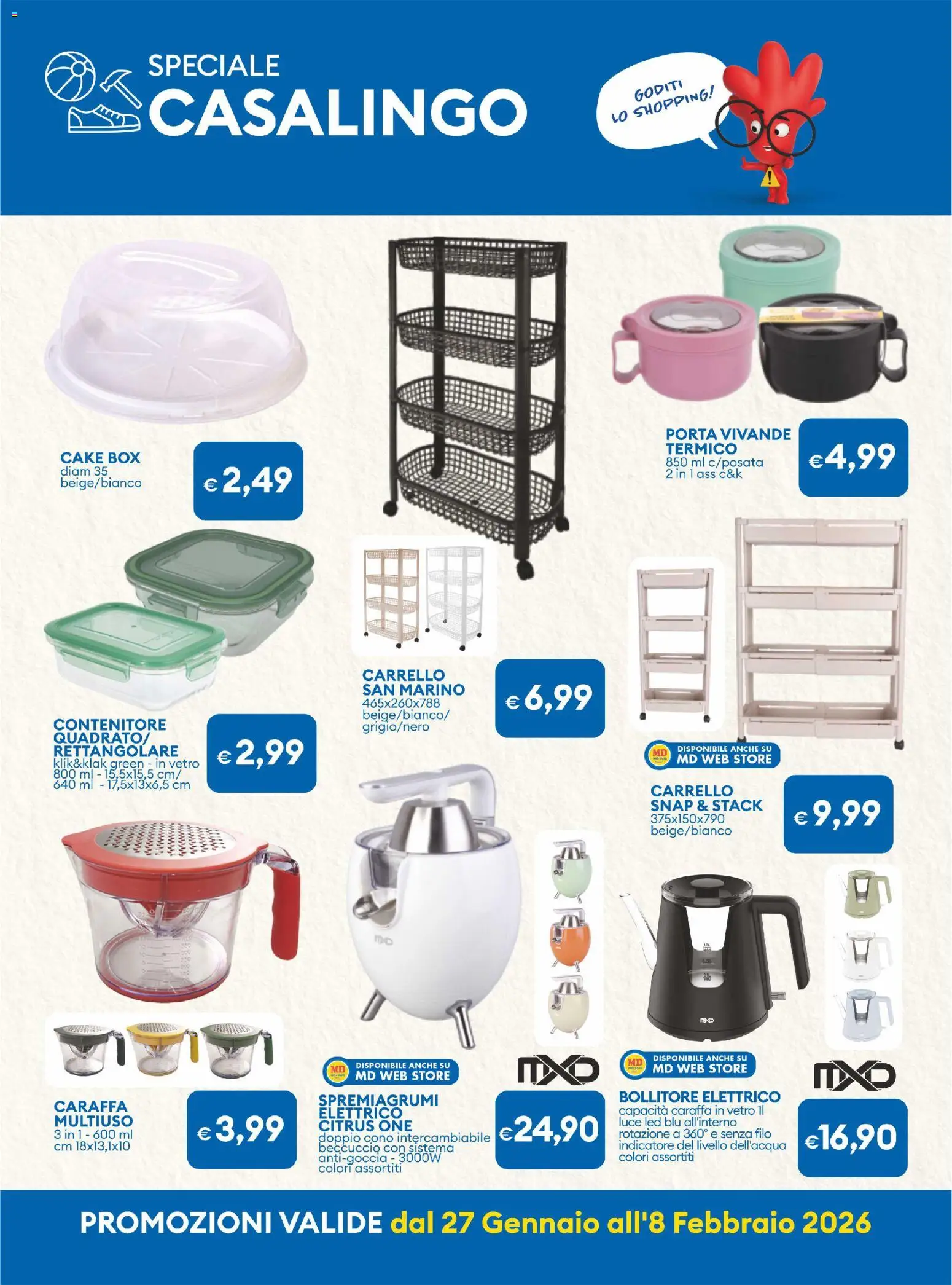 Volantino MD Discount del 27.01.2026 | Pagina: 22 | Prodotti: Caraffa, Carrello, Bollitore, Spremiagrumi
