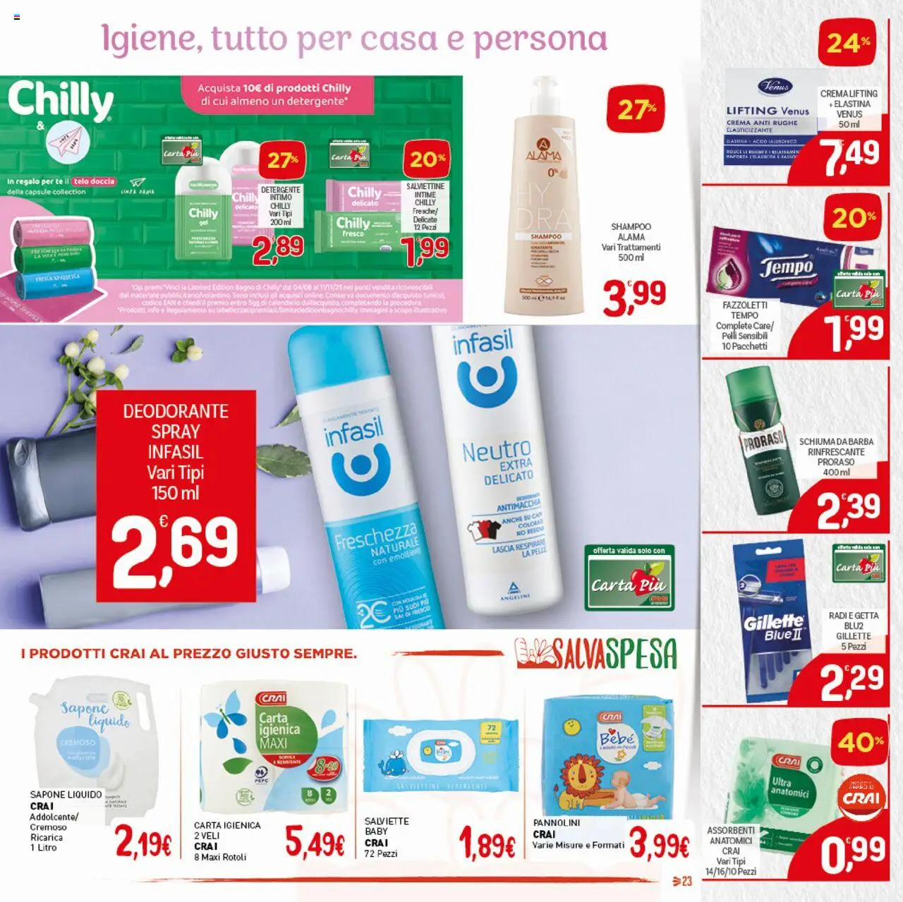 Volantino CRAI del 16.10.2025 | Pagina: 23 | Prodotti: Carta igienica, Tè, Fazzoletti, Doccia