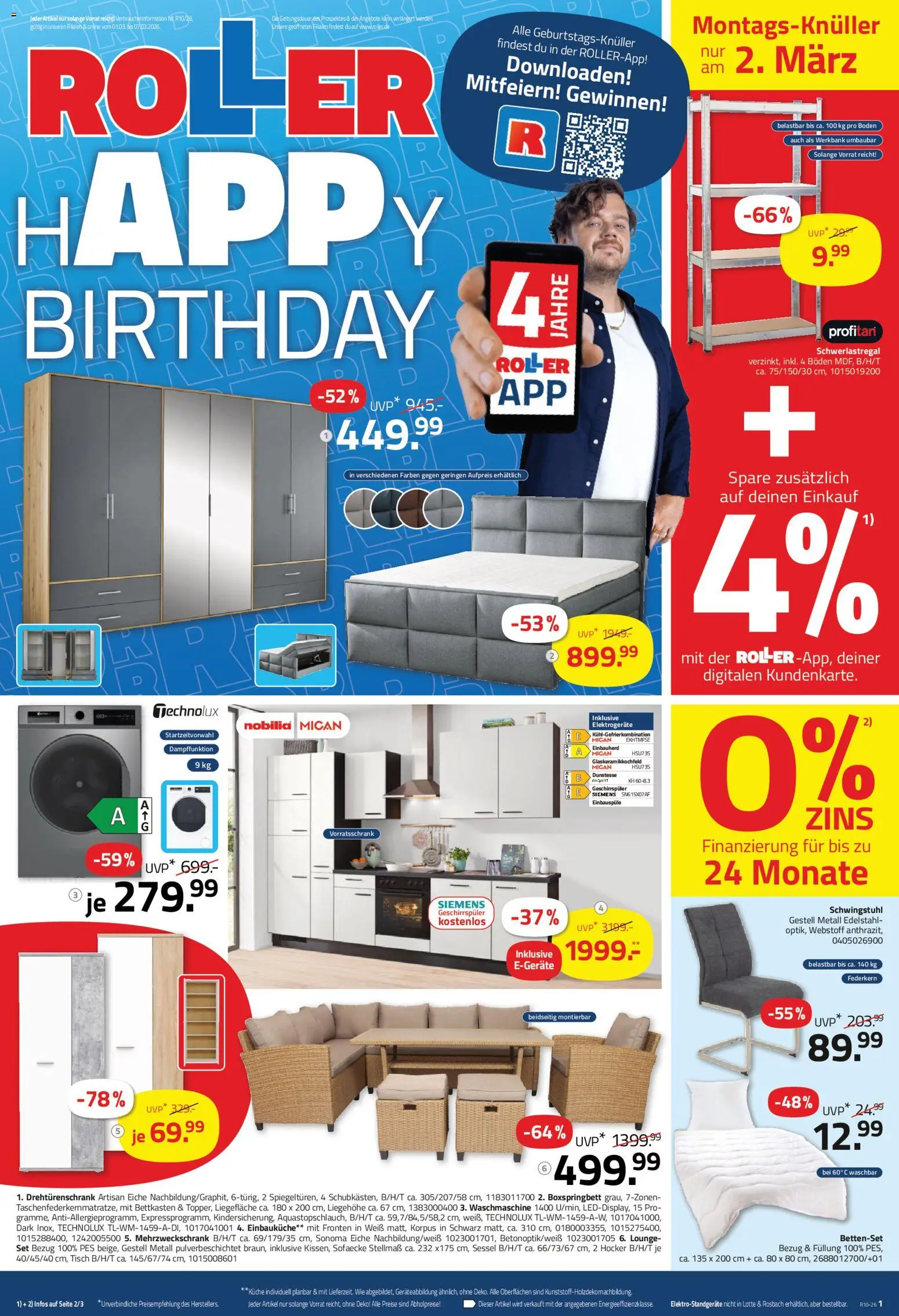 Roller Prospekt 	 – gültig ab 01.03.2026 | Seite: 1 | Produkte: Boxspringbett, Bettenset, Schwerlastregal, Kühlgefrierkombination