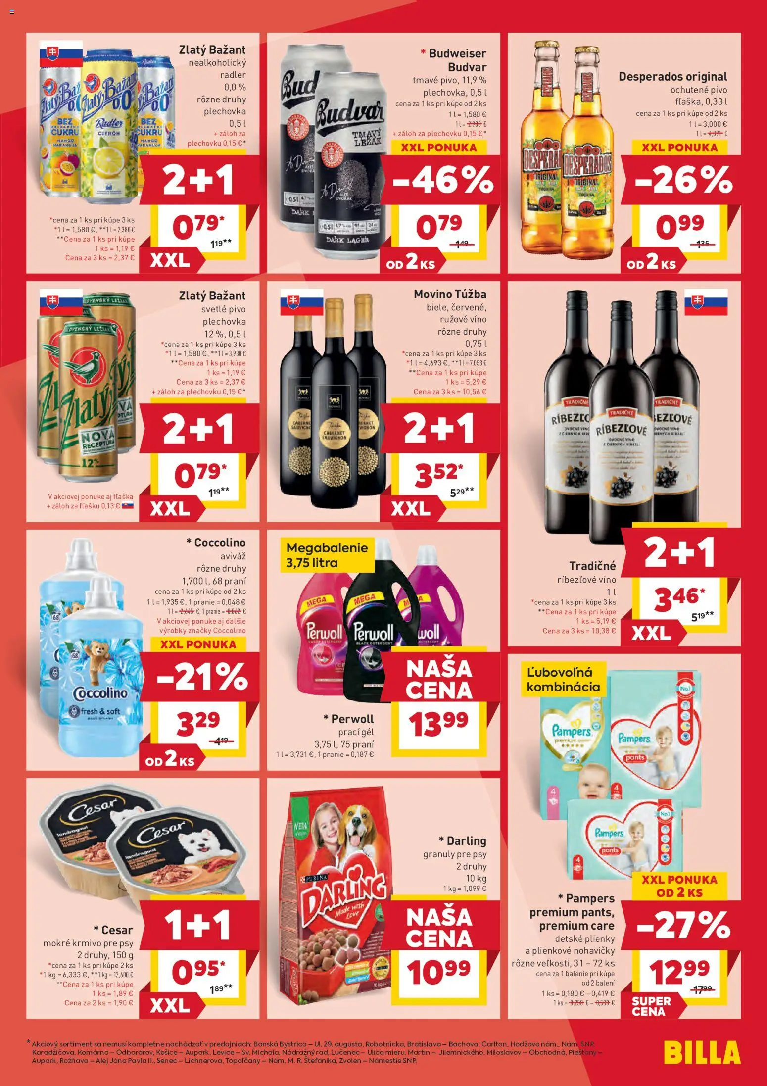 Nové Billa akcie – leták je platný od 14.01.2026 | Strana: 7 | Produkty: Pivo, Budvar, Zlatý Bažant, Coccolino