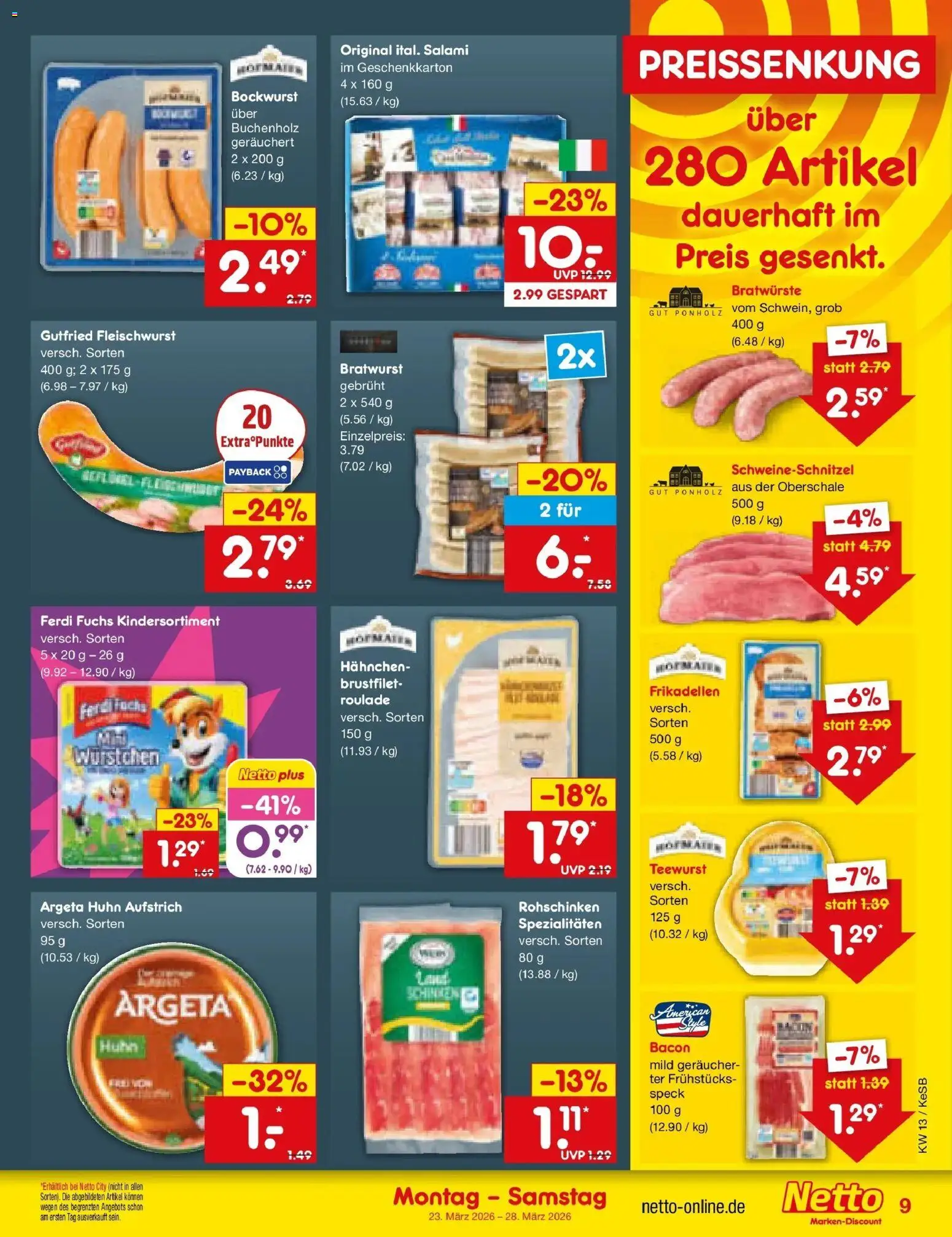 Netto Marken-Discount Prospekt Kruft	 – gültig ab 23.03.2026 | Seite: 9 | Produkte: Bockwurst, Hahnchen, Bratwurst, Salami