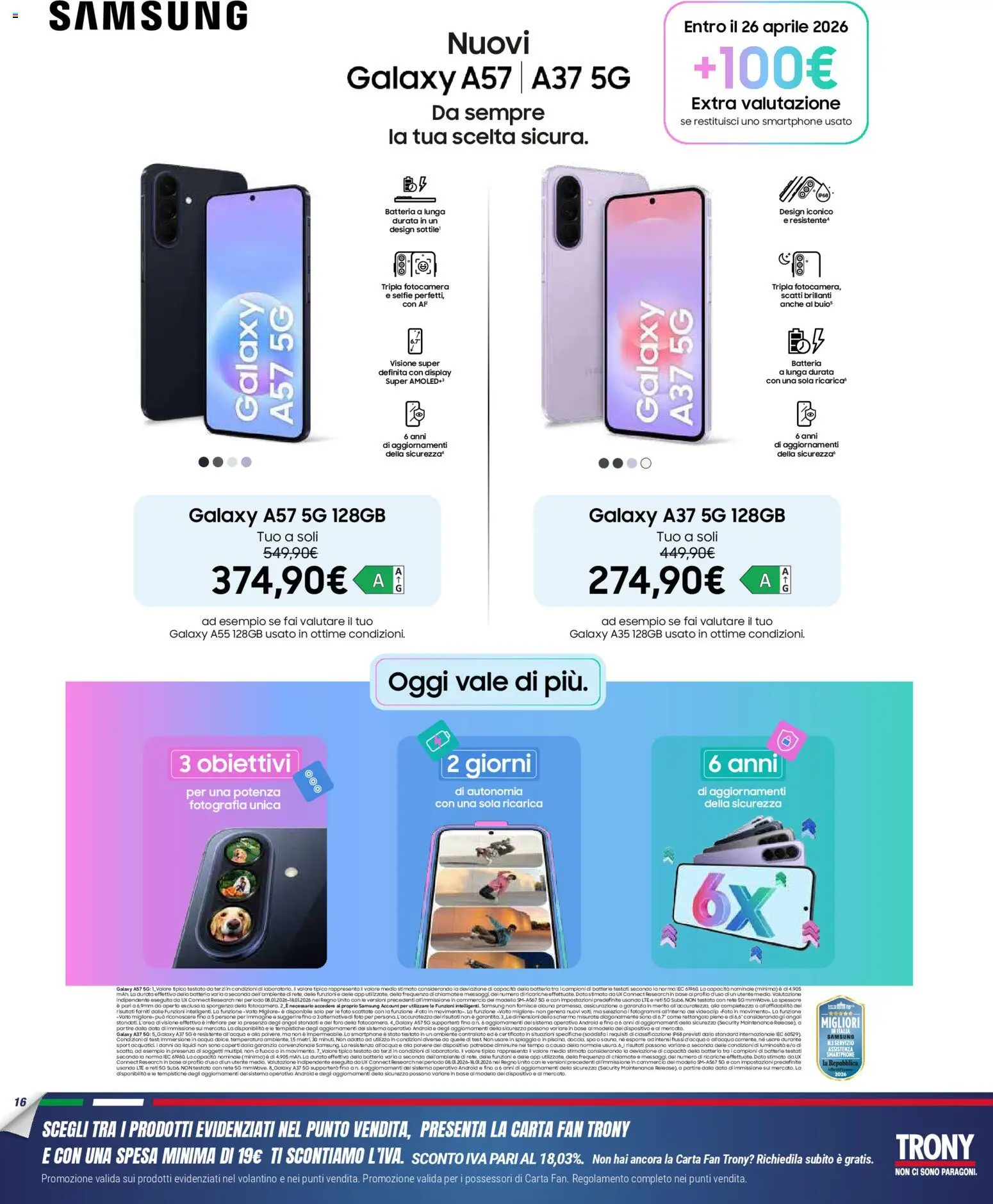 Volantino Trony del 02.04.2026 | Pagina: 16 | Prodotti: Schermo, Fotocamera, Fan, Samsung