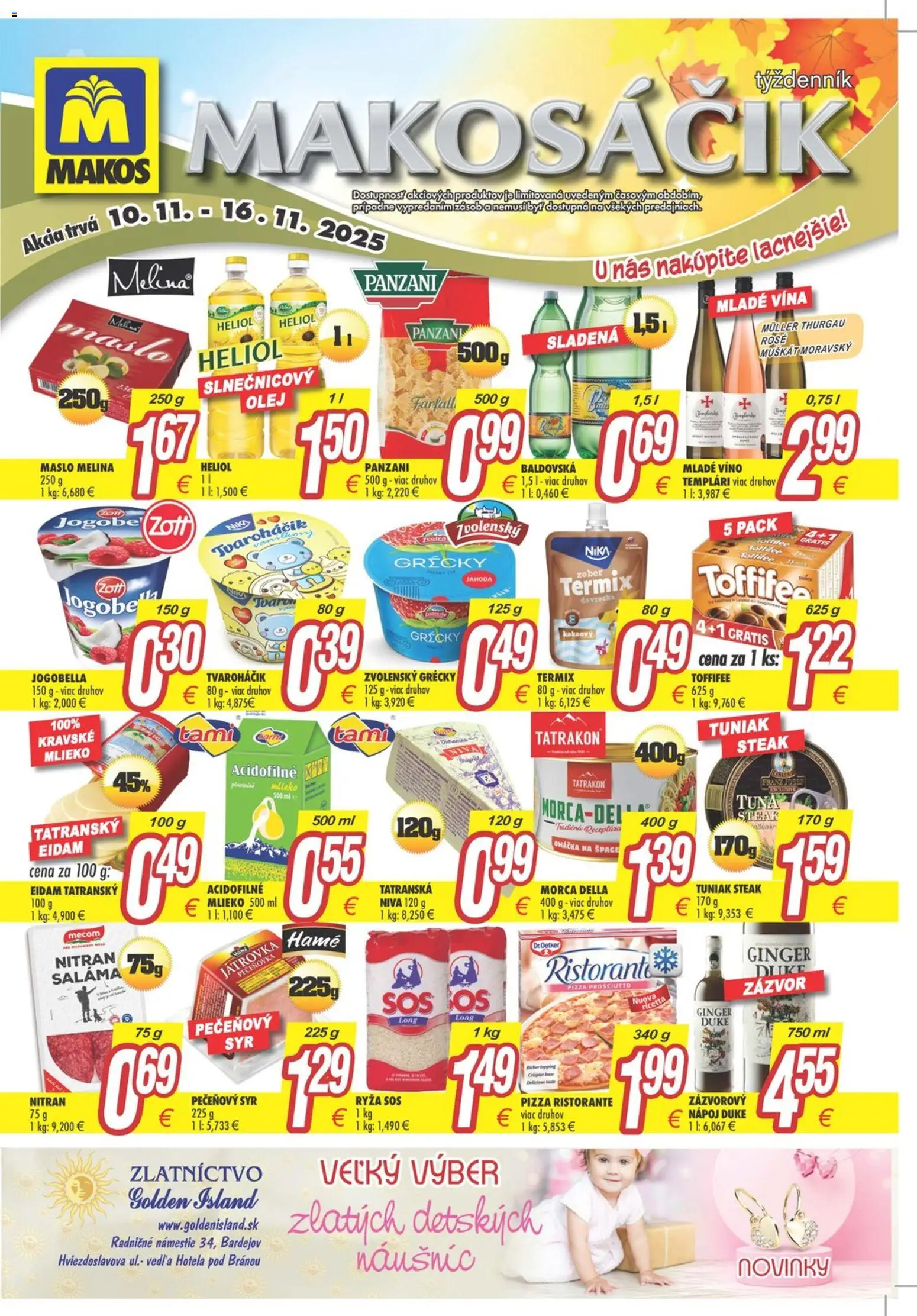 Nové Makos akcie – leták je platný od 10.11.2025 | Strana: 2 | Produkty: Maslo, Tuniak, Ryža, Steak