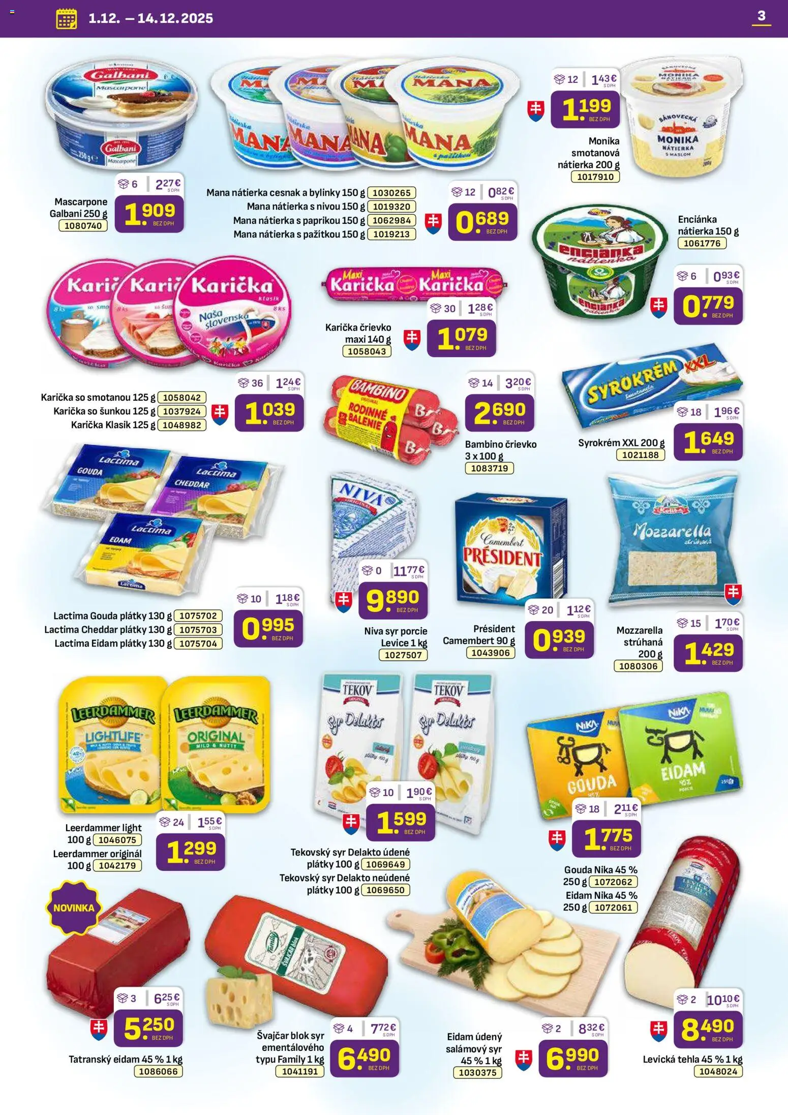 Nové Libex akcie – leták je platný od 01.12.2025 | Strana: 3 | Produkty: Syr, Gouda, Mozzarella, Cesnak