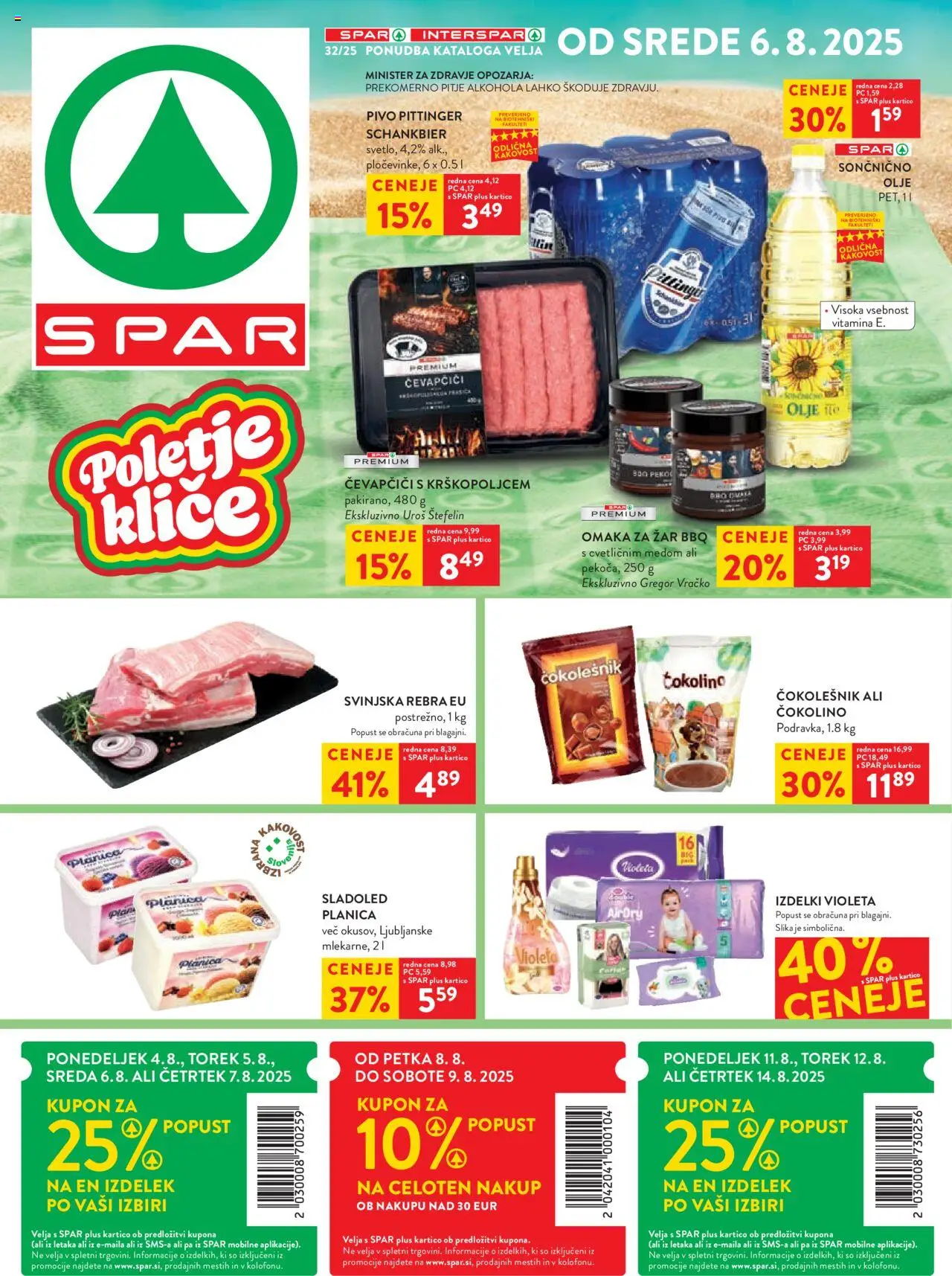 Spar katalog 32/25 │ velja od 06.08.2025 | Stran: 1 | Izdelki: Čevapčiči, Zar, Čokolino, Pivo