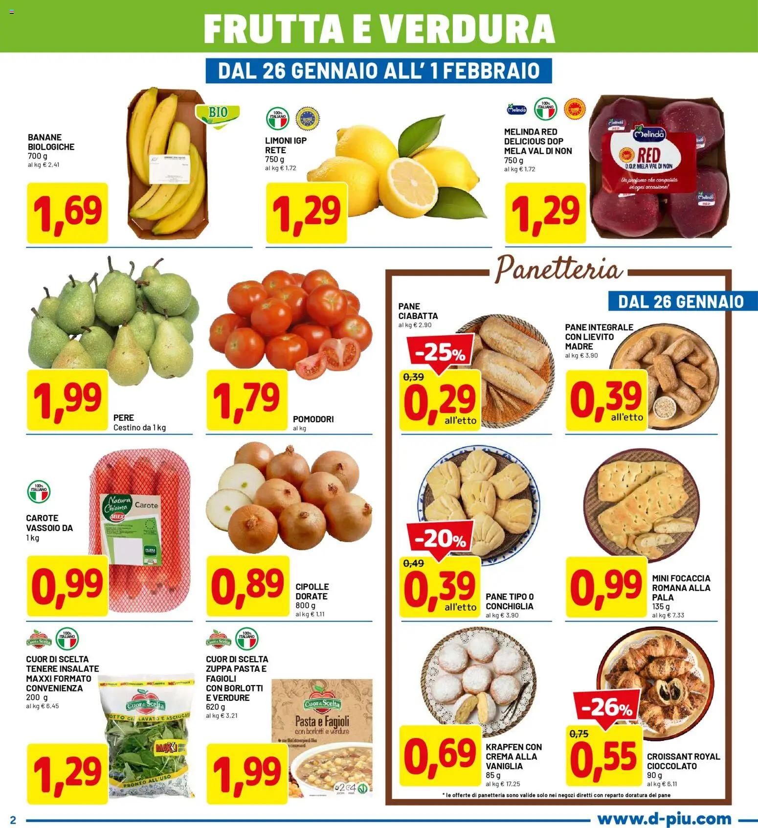 Volantino D Più del 26.01.2026 | Pagina: 2 | Prodotti: Fagioli, Cipolle, Frutta, Vassoio