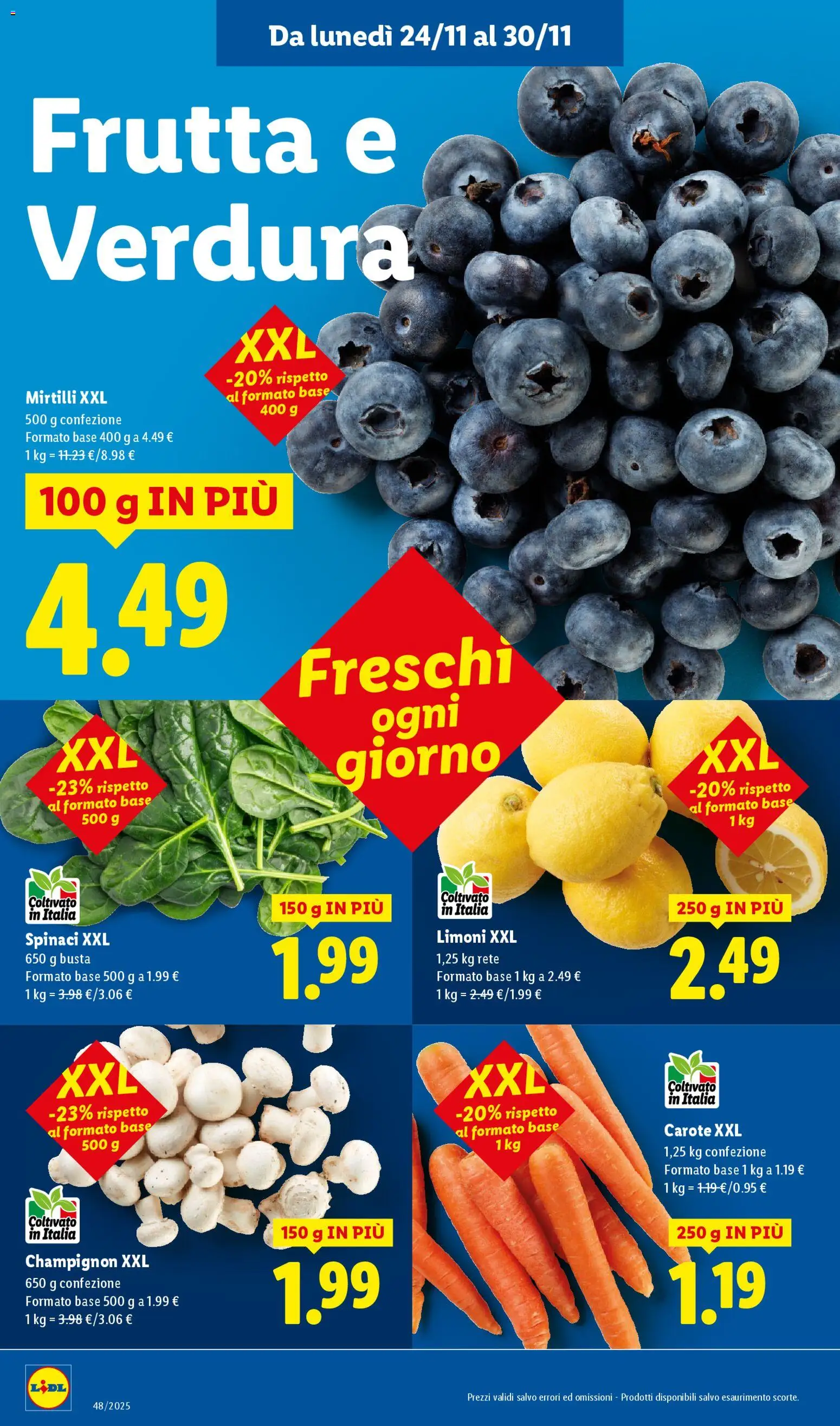 Volantino Lidl del 24.11.2025 | Pagina: 2 | Prodotti: Frutta, Carote, Spinaci, Mirtilli