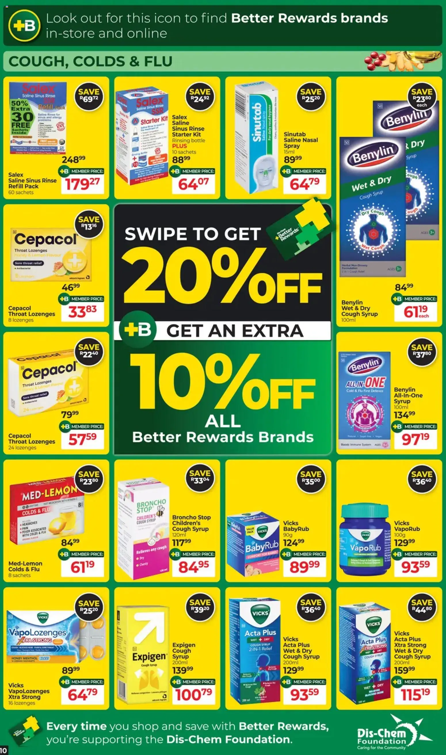 New Dis-Chem catalogue – valid from 21.10.2025 | Page: 10 | Products: Cough syrup, Lozenges, Syrup, Lemon