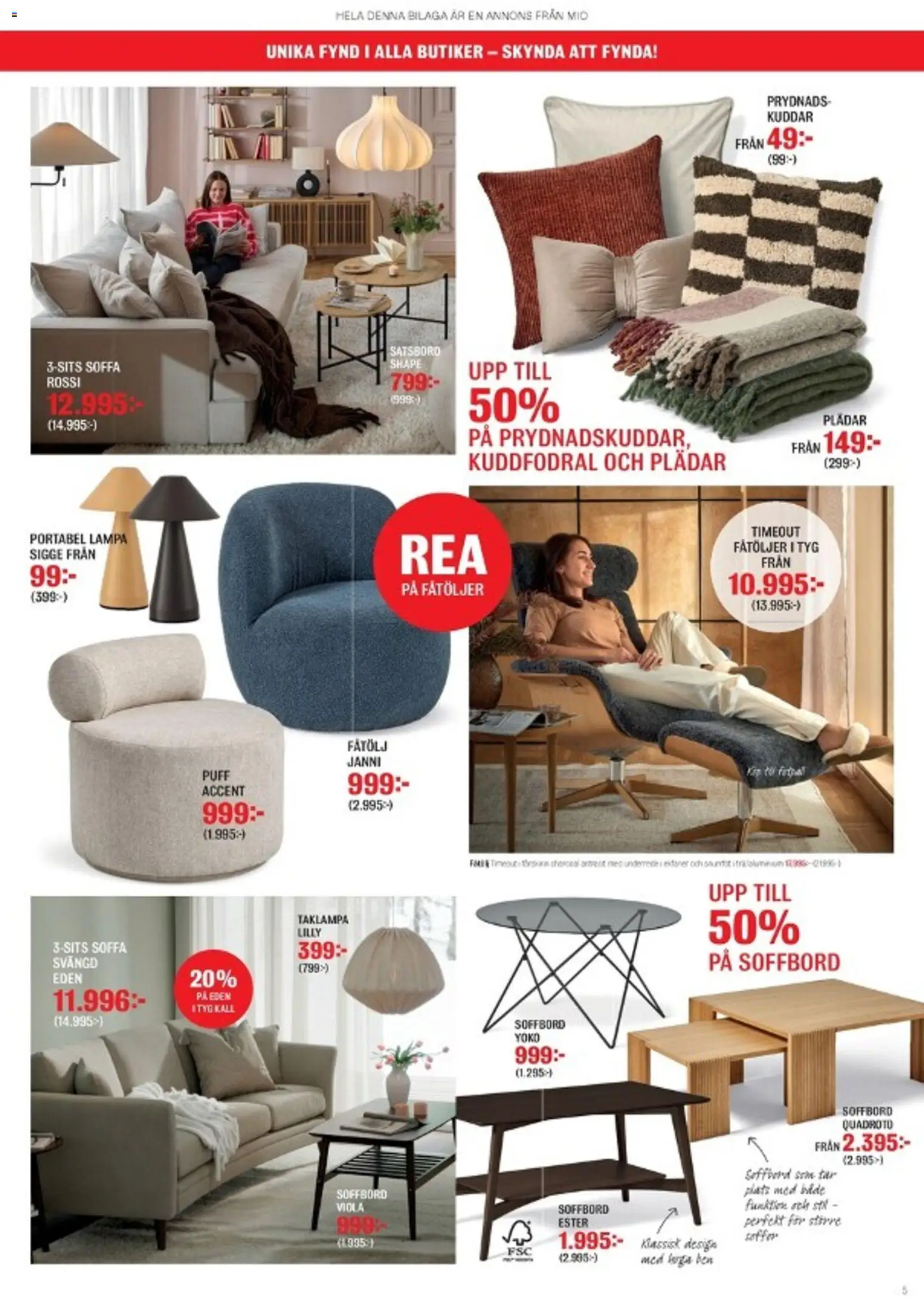Mio reklamblad aktuell från 01.01.2026 | Sida: 5 | Produkter: Puff, Fåtölj, Soffbord, Lampa