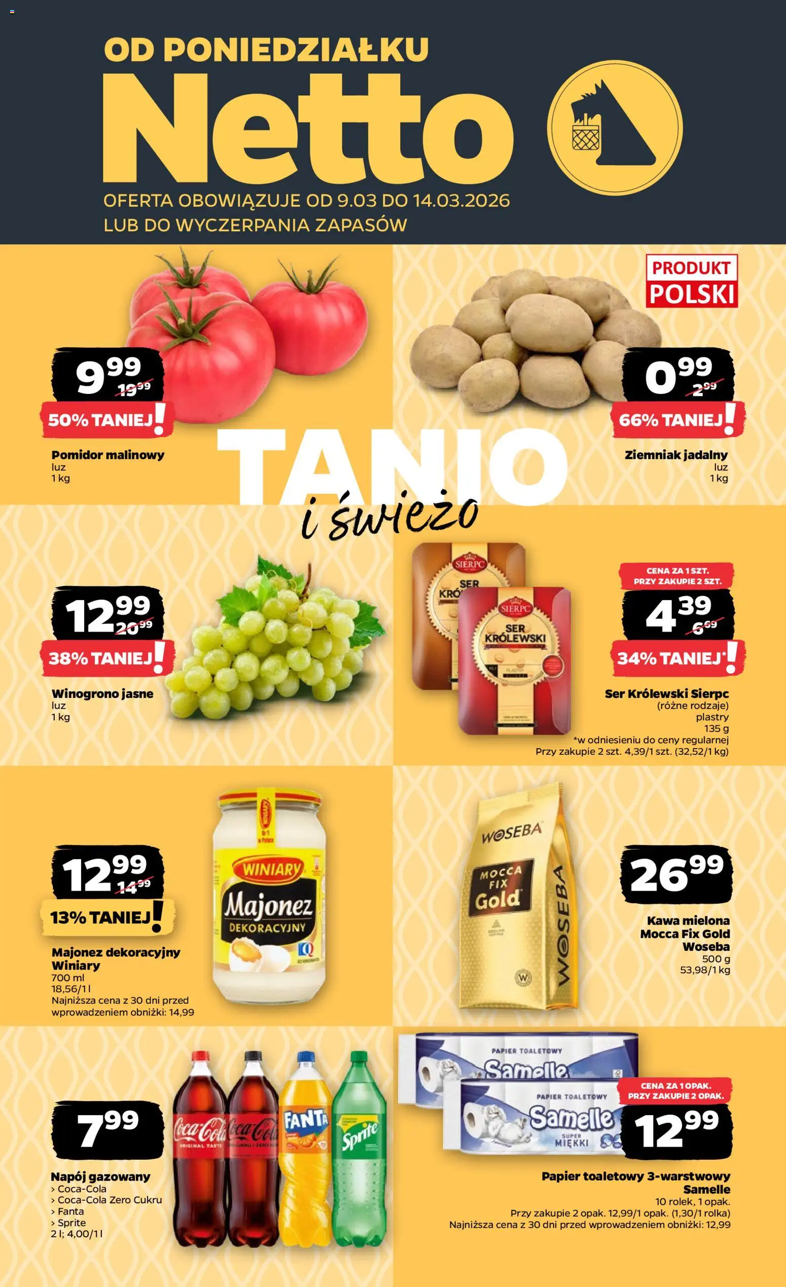 Netto gazetka od poniedziałku spożywcza od 09.03.2026 | Strona: 1 | Produkty: Papier toaletowy, Sprite, Ser, Majonez