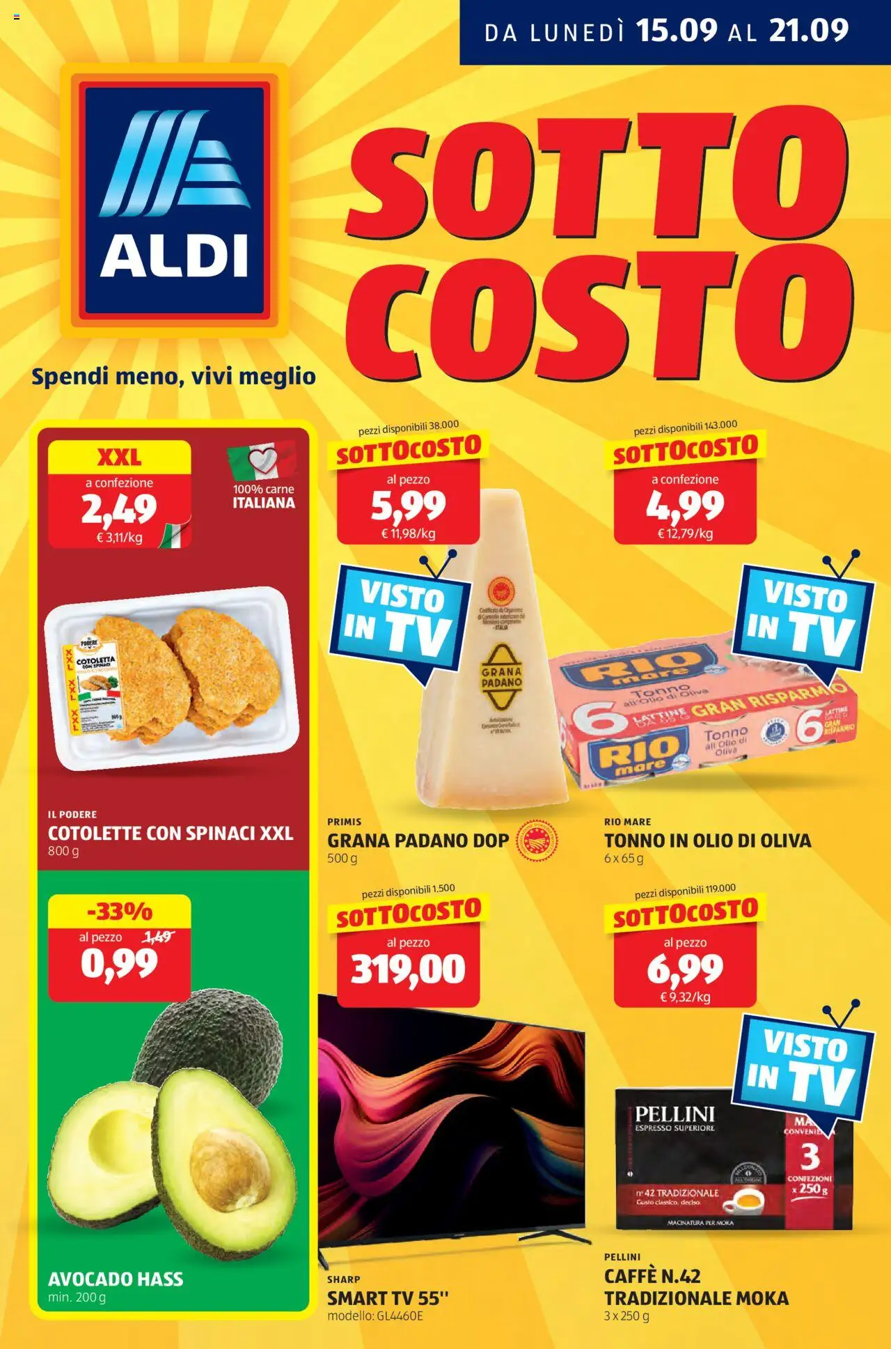 Volantino Aldi del 15.09.2025 | Pagina: 1 | Prodotti: Avocado, Olio, TV, Grana Padano