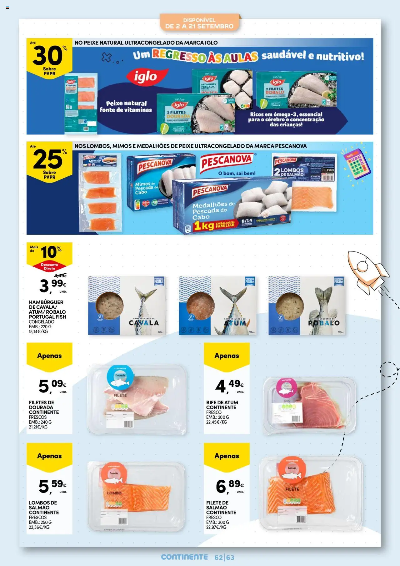 Continente - Regresso às Aulas: Regressamos com tudo │ válido de 12.08.2025 | Página: 63 | Produtos: Cabo, Hambúrguer, Salmão, Lombo