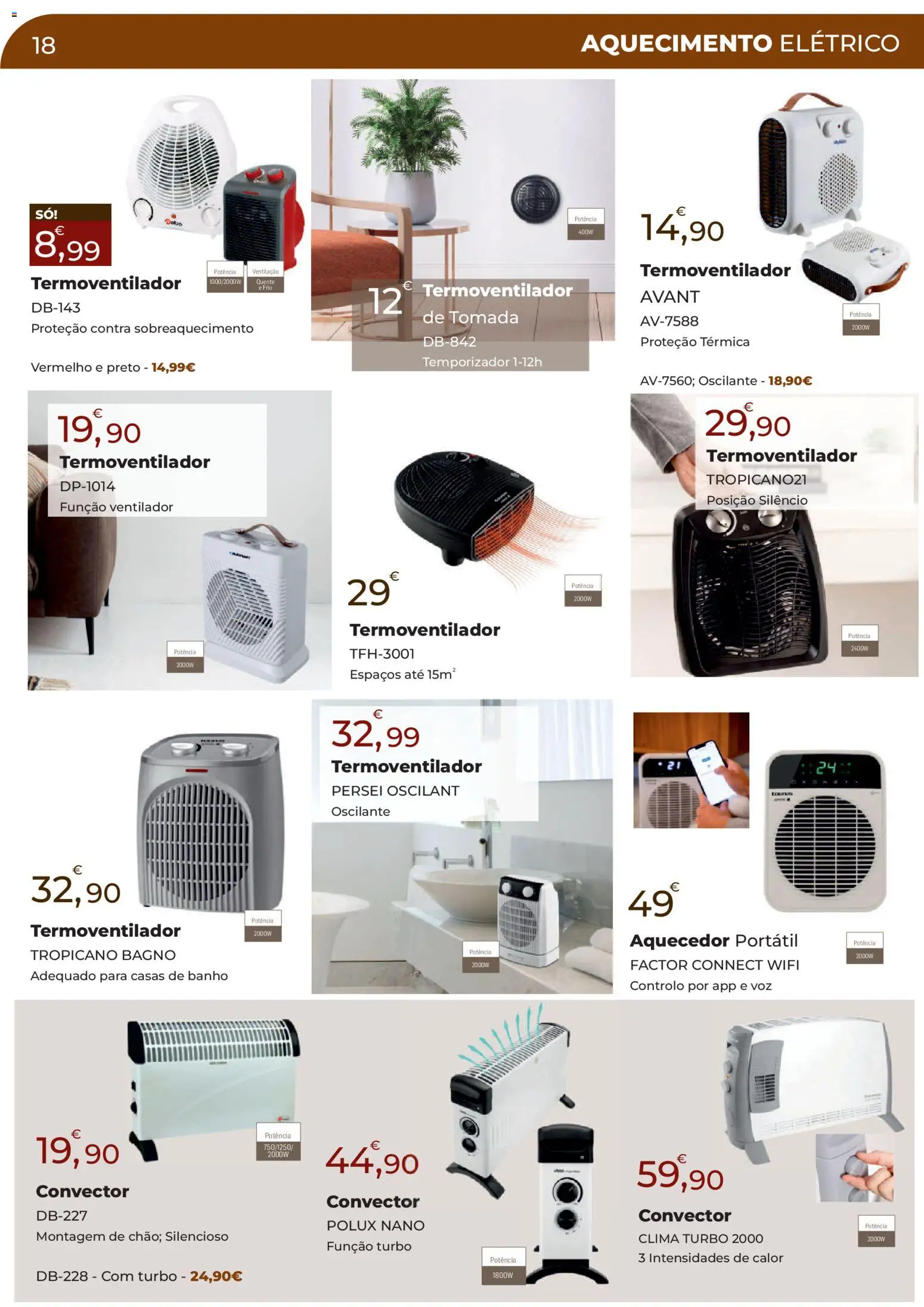 E.Leclerc Especial Aquecimento Lordelo │ válido de 20.10.2025 | Página: 18 | Produtos: Aquecedor, Ventilador, Tomada, Banho