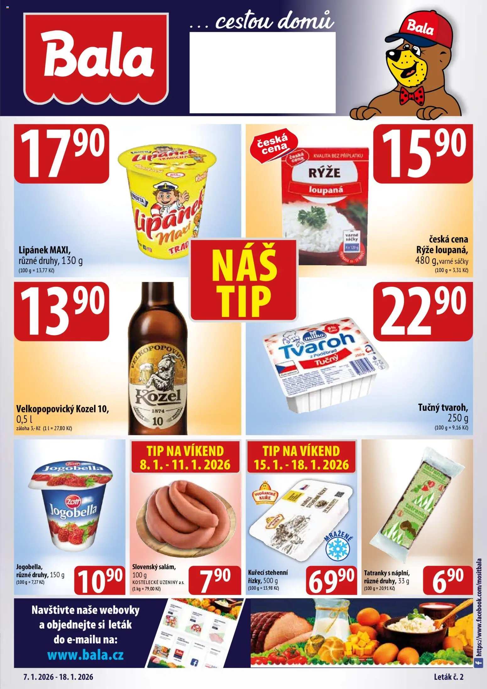 BALA velký leták Holba od 07.01.2026 | Strana: 1 | Produkty: Tatranky, Rýže, Velkopopovický Kozel, Uzeniny