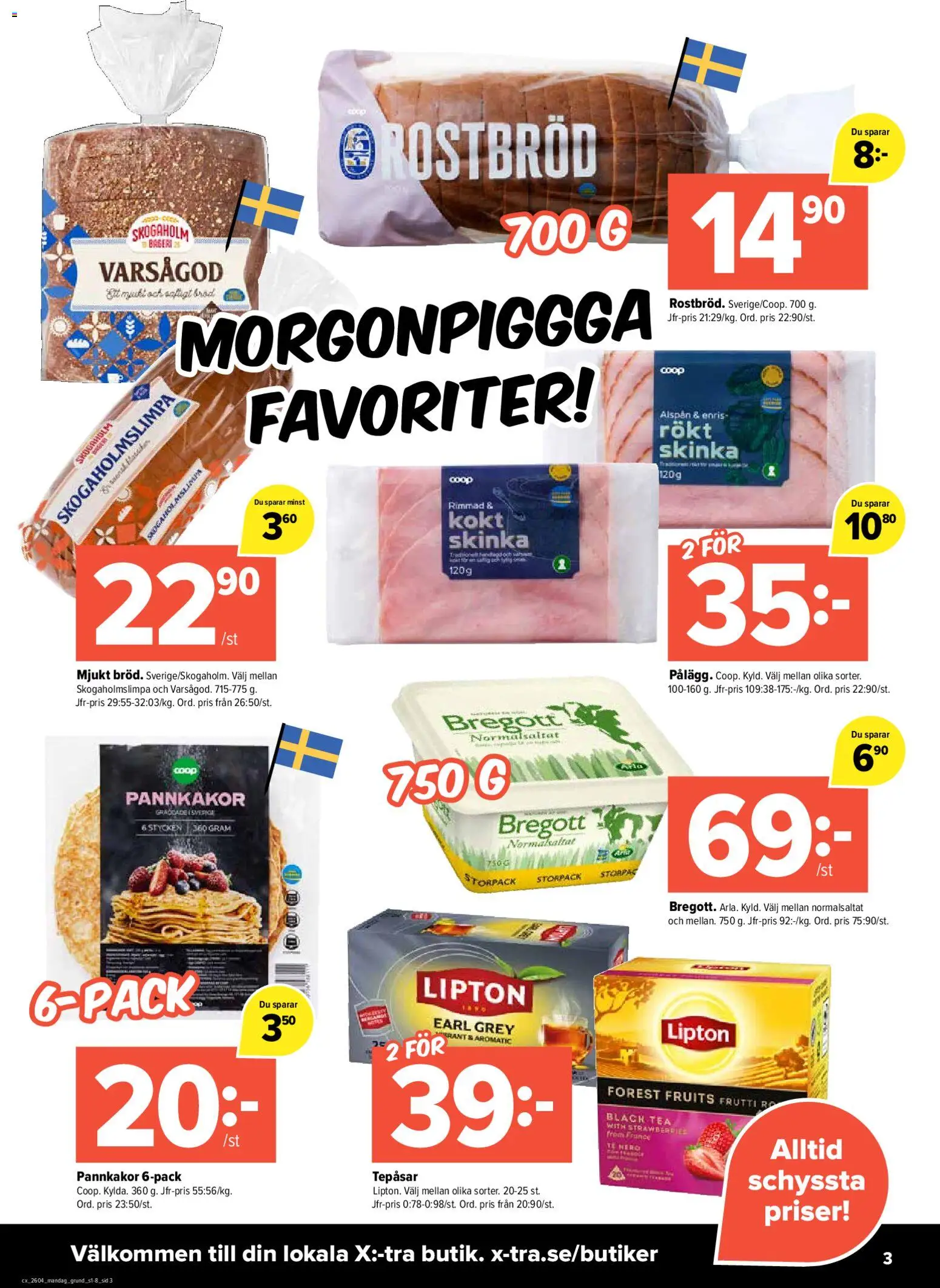 Coop X:-TRA reklamblad aktuell från 19.01.2026 | Sida: 3 | Produkter: Bageri, Bregott, Skinka, Te