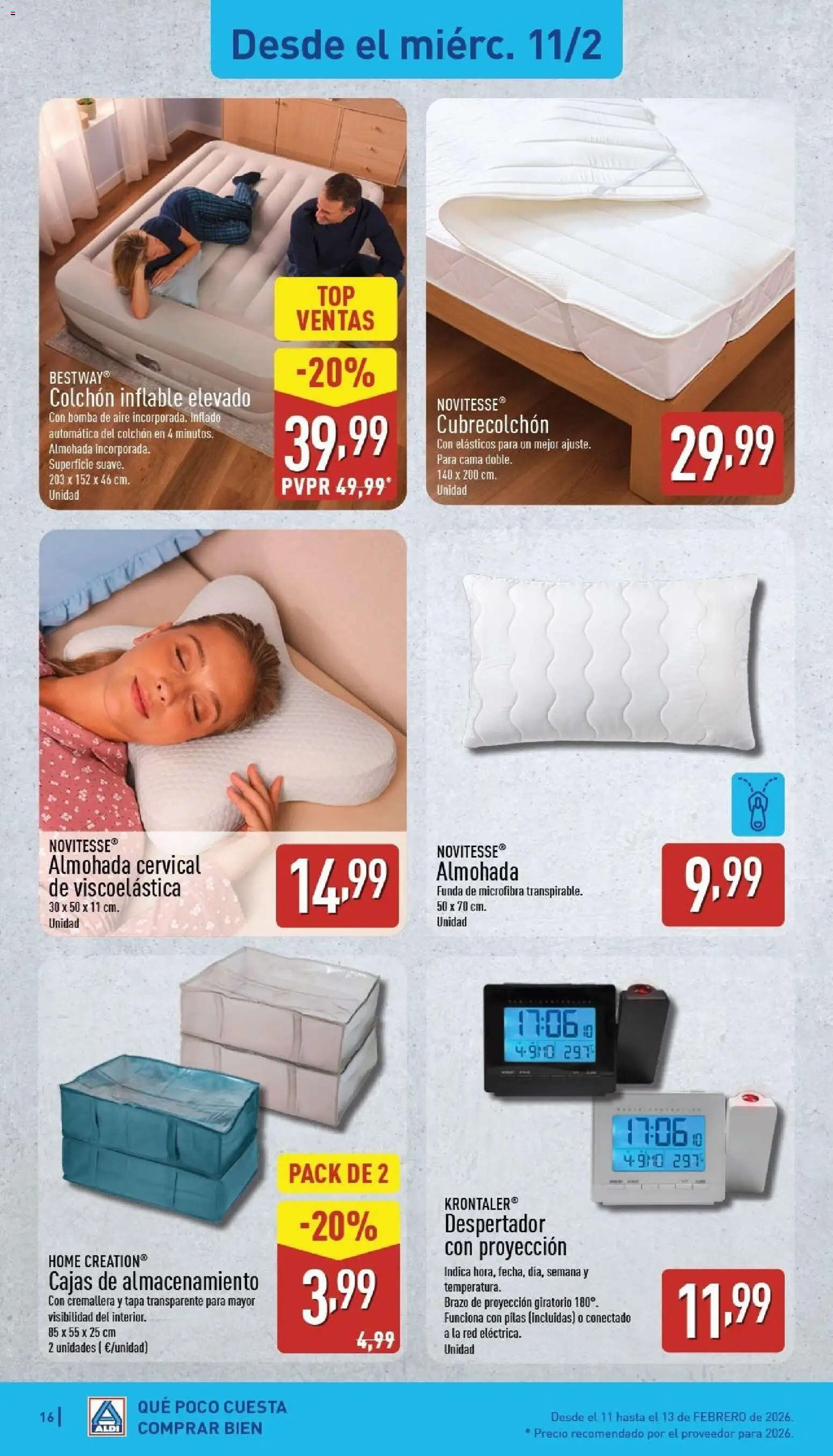 Aldi folleto Península │ válido desde el 09.02.2026 | Página: 16 | Productos: Despertador, Funda, Cama, Almohada