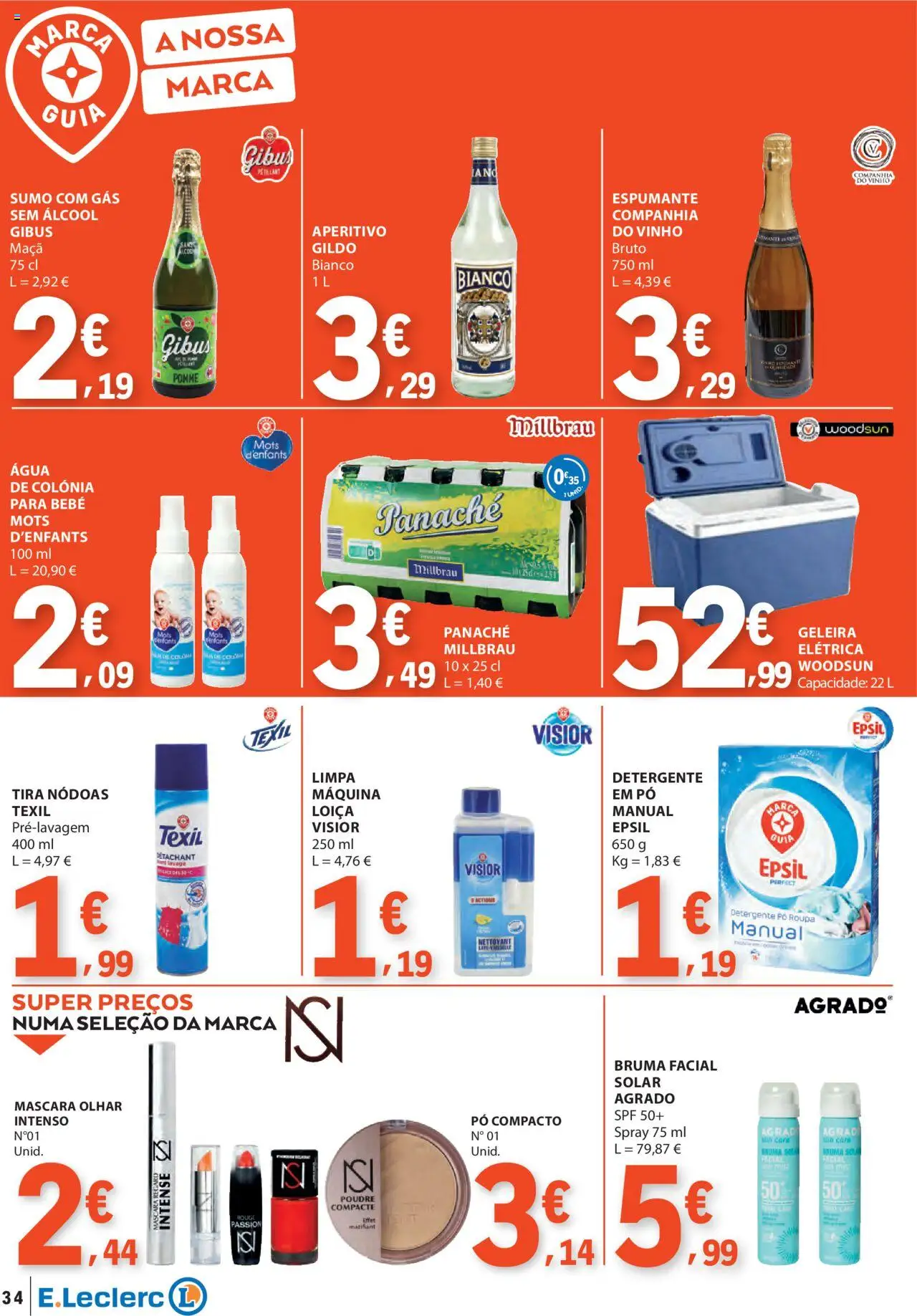 E.Leclerc folheto │ válido de 07.08.2025 | Página: 34 | Produtos: Agua, Pó, Detergente, Vinho