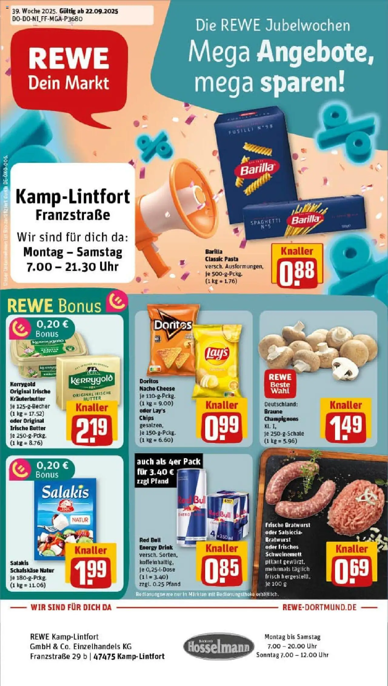 Rewe prospekt Kamp-Lintfort	 – gültig ab 21.09.2025 | Seite: 1 | Produkte: Red bull, Energy, Butter, Salakis