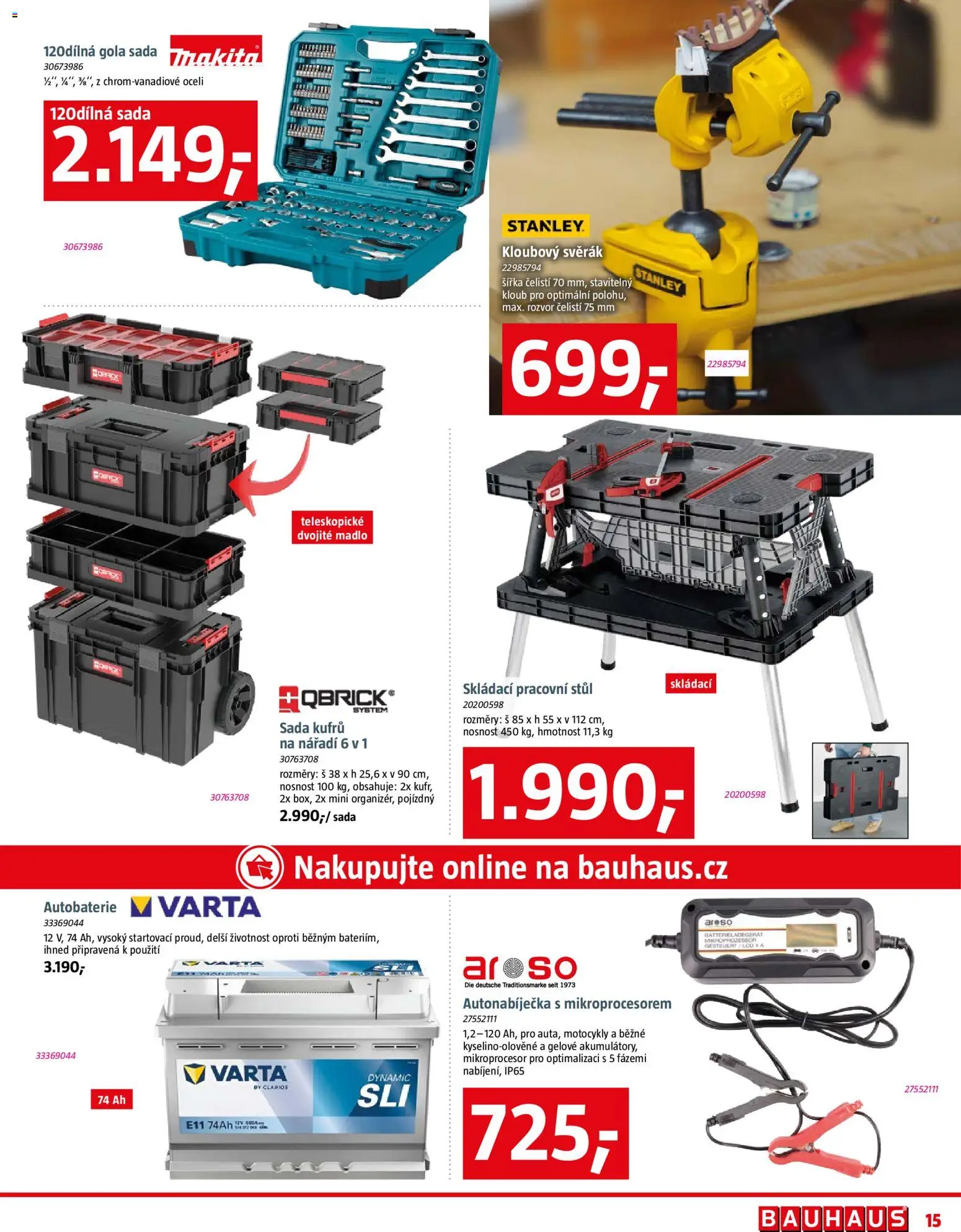 Bauhaus leták od 09.01.2026 | Strana: 15 | Produkty: Gola sada, Autobaterie, Pracovní stůl, Nářadí