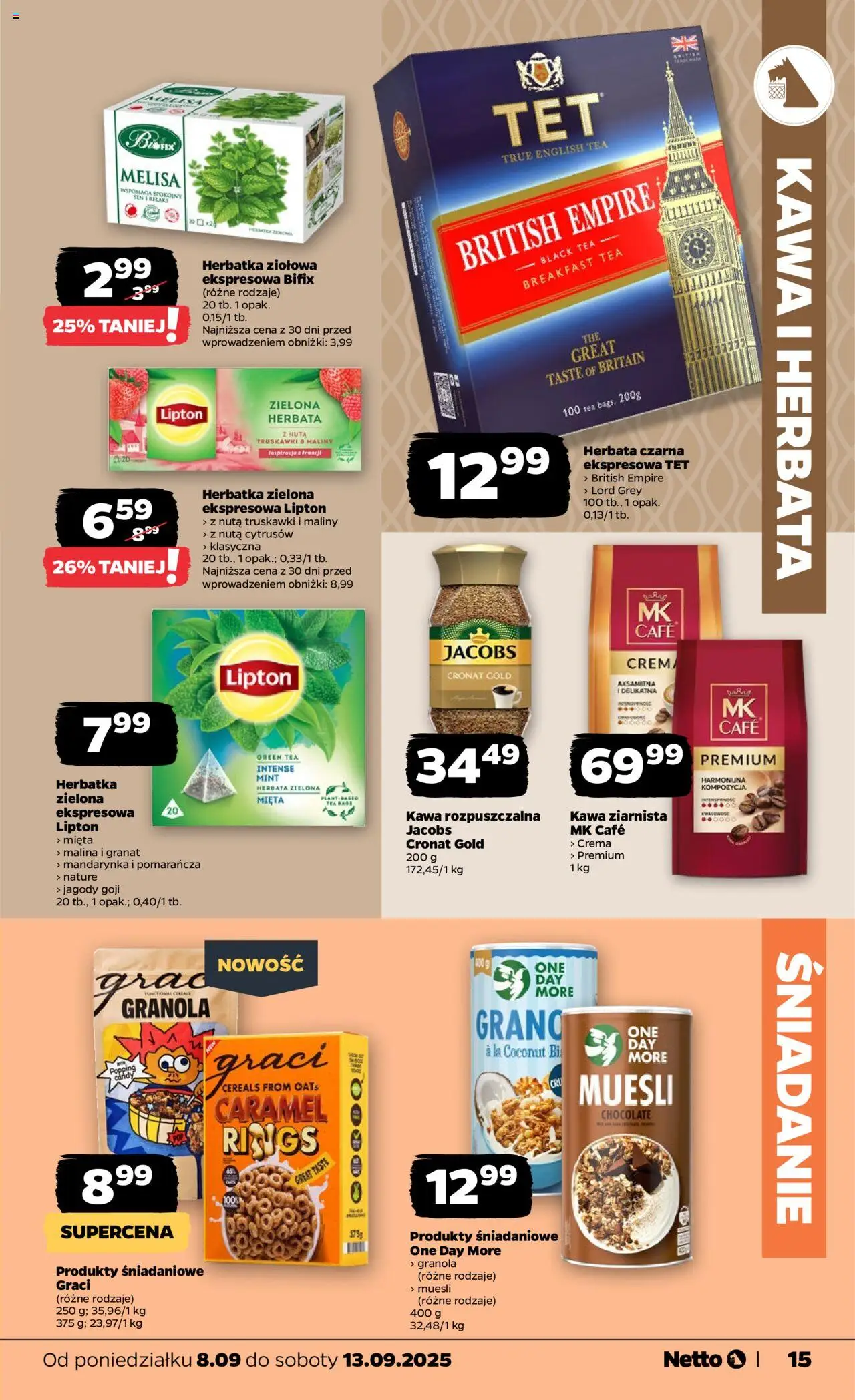 Netto gazetka - Spożywcza od 08.09.2025 | Strona: 15 | Produkty: Maliny, Granola, Herbata, Melisa