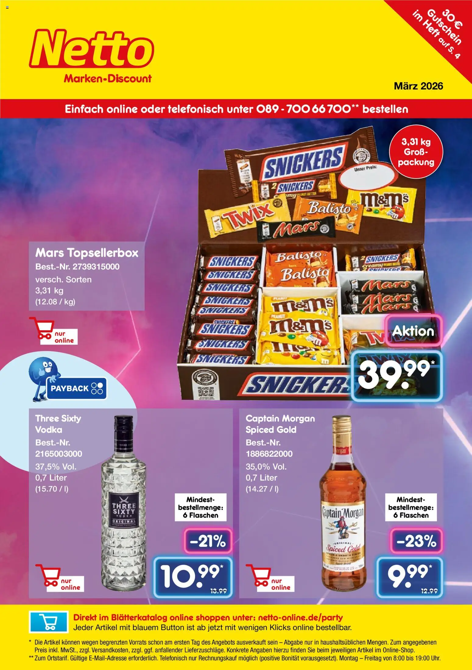 Netto Marken-Discount Online-Sonderangebote – gültig ab 01.03.2026 | Seite: 1 | Produkte: M&M's, Mars, Captain morgan, Vodka