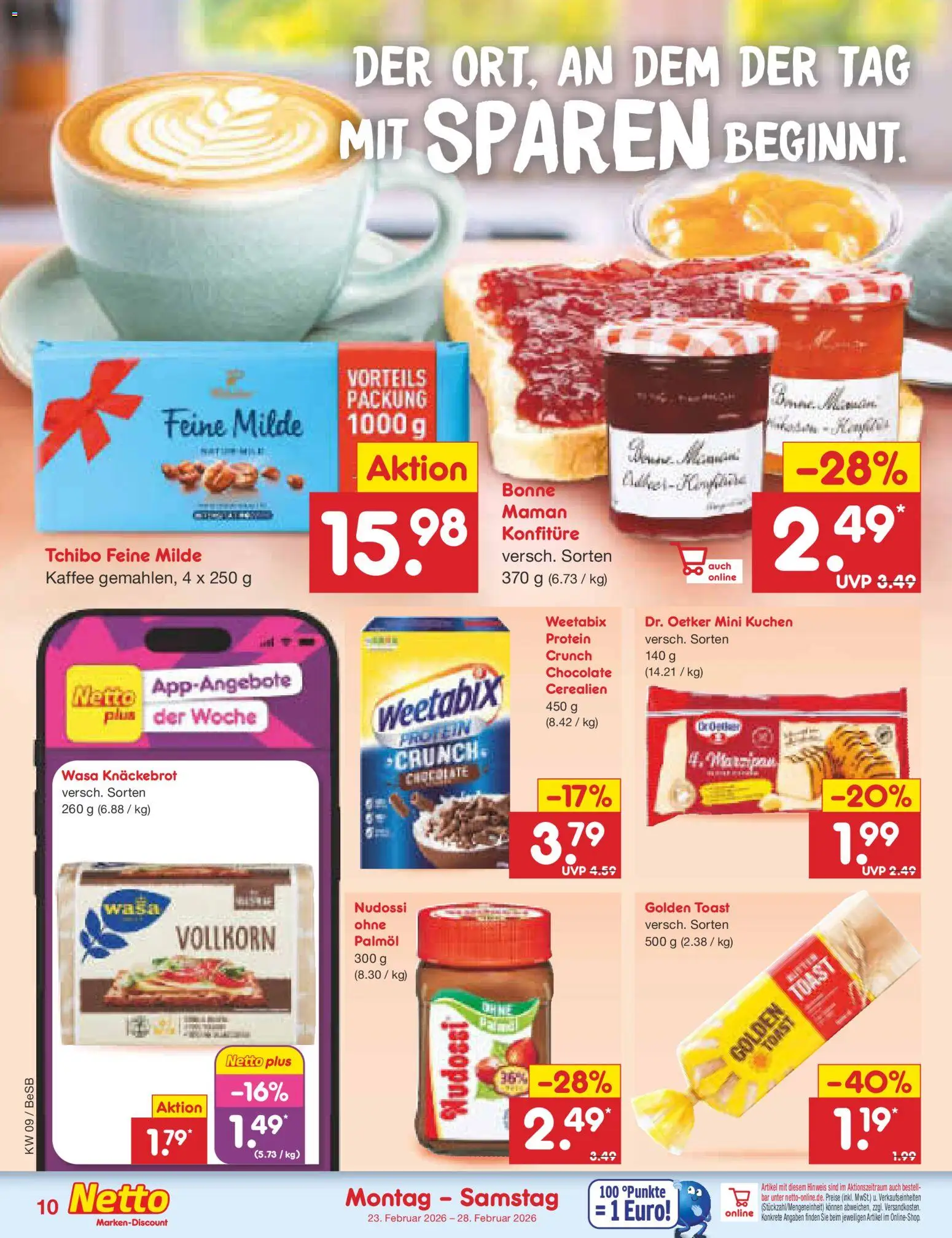 Netto Marken-Discount Prospekt 	 – gültig ab 23.02.2026 | Seite: 10 | Produkte: Kaffee, Toast, Wasa knackebrot, Kuchen
