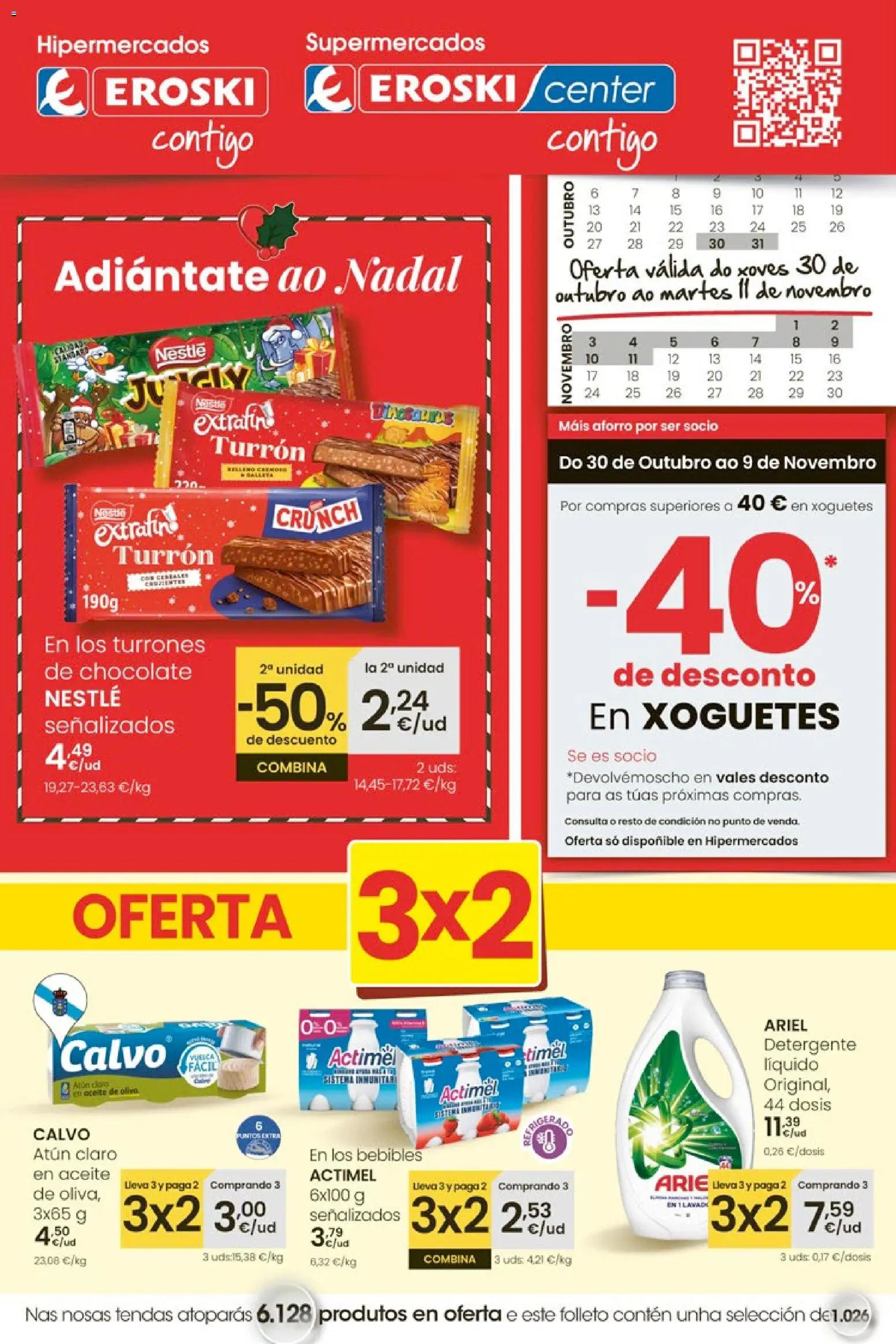 Eroski - Oferta 3x2 │ válido desde el 30.10.2025 | Página: 1 | Productos: Detergente, Aceite, Chocolate, Atún claro