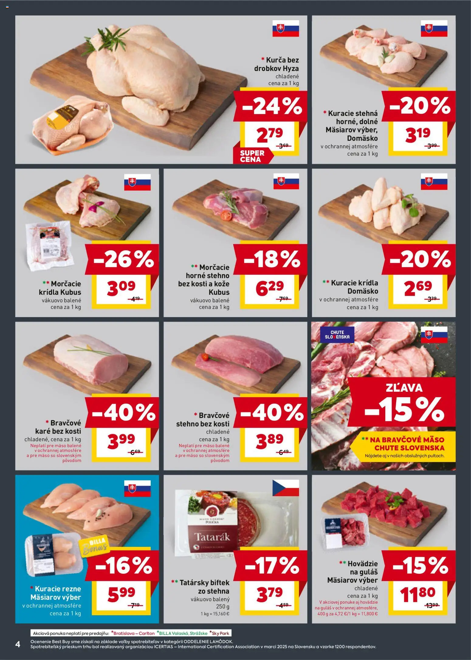 Nové Billa akcie – leták je platný od 19.11.2025 | Strana: 4 | Produkty: Kuracie rezne, Kuracie stehná, Tatarák, Kurča