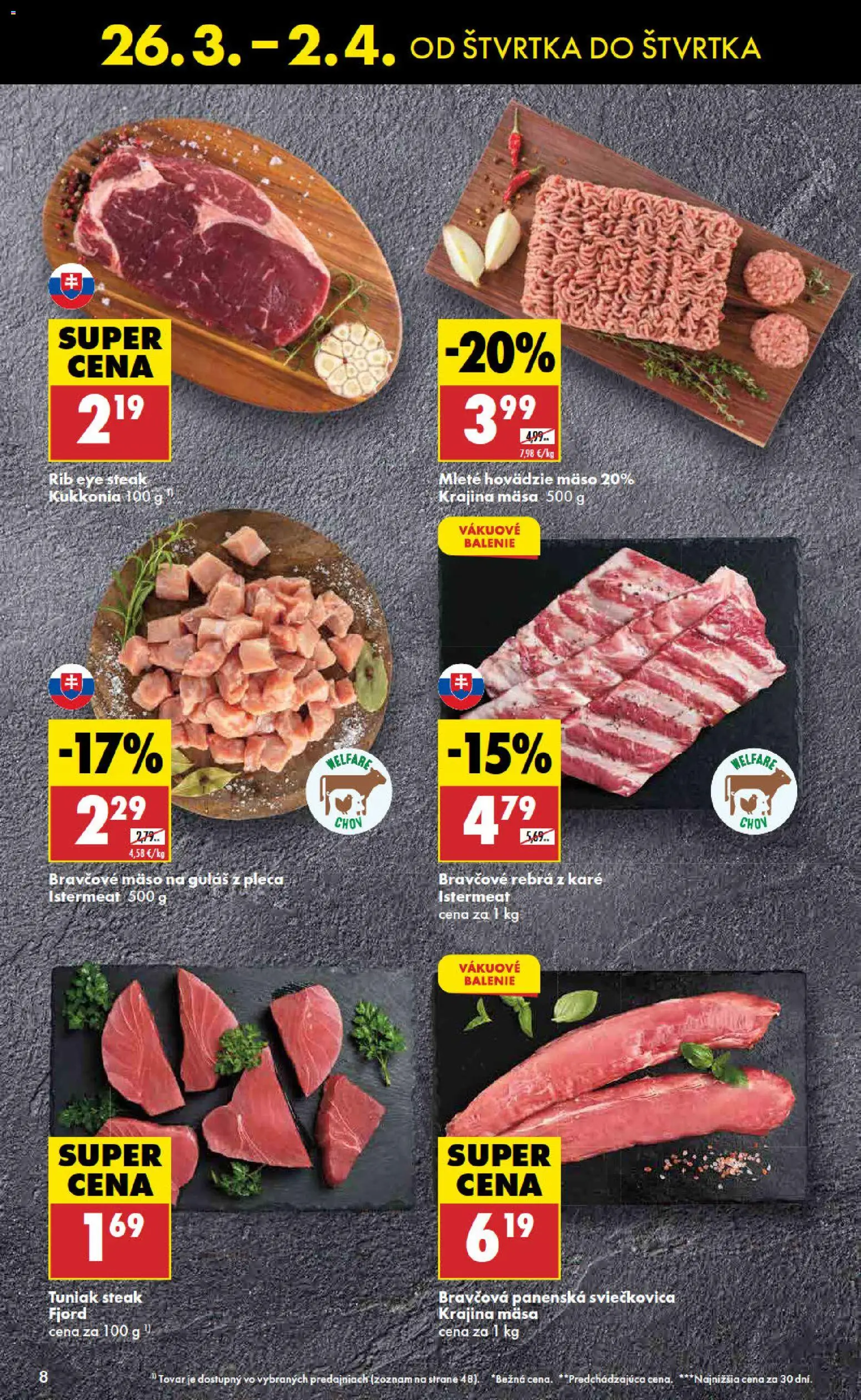 Nové Biedronka akcie – leták je platný od 26.03.2026 | Strana: 8 | Produkty: Tuniak, Hovädzie mäso, Bravčové mäso, Steak